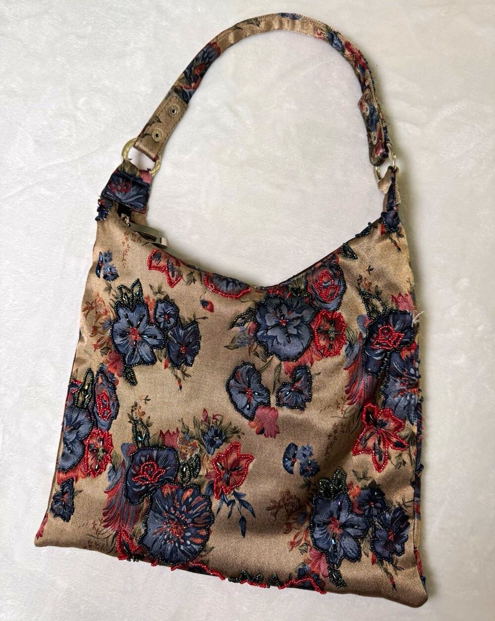 Vintage Boho Beige Floral Beaded Embroidered Shoulder Bag Zip Closure Lined